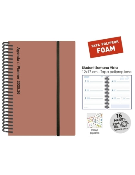 AGENDA ANUAL 2025-26 SENFORT 16 MESES STUDENT FOAM ESPIRAL tapa PP con GOMA 120x170 SV TERRACOTA
