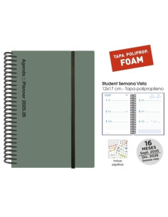 AGENDA ANUAL 2025-26 SENFORT 16 MESES STUDENT FOAM ESPIRAL tapa PP con GOMA 120x170 SV VERDE