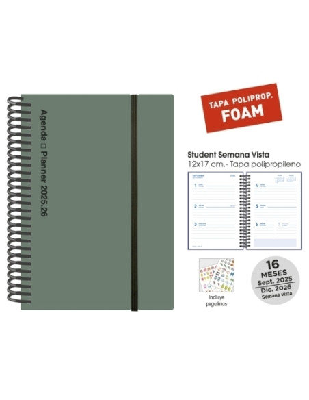 AGENDA ANUAL 2025-26 SENFORT 16 MESES STUDENT FOAM ESPIRAL tapa PP con GOMA 120x170 SV VERDE