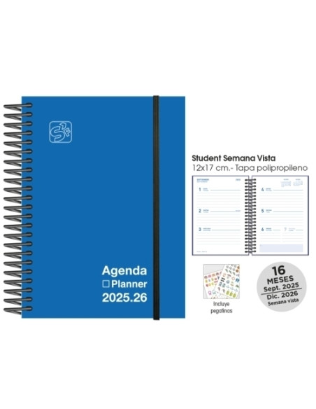 AGENDA ANUAL 2025-26 SENFORT 16 MESES STUDENT UNICOLOR ESPIRAL tapa PP con GOMA 120x170 SV AZUL