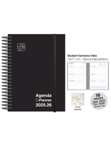 AGENDA ANUAL 2025-26 SENFORT 16 MESES STUDENT UNICOLOR ESPIRAL tapa PP con GOMA 120x170 SV NEGRO