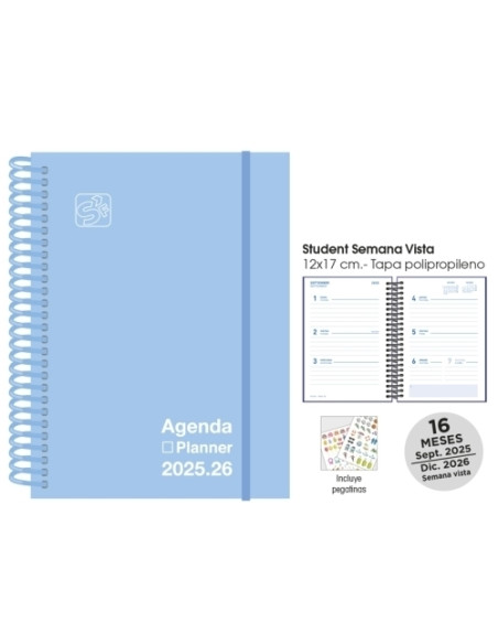 AGENDA ANUAL 2025-26 SENFORT 16 MESES STUDENT UNICOLOR ESPIRAL tapa PP con GOMA 120x170 SV PASTEL AZUL