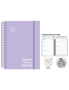 AGENDA ANUAL 2025-26 SENFORT 16 MESES STUDENT UNICOLOR ESPIRAL tapa PP con GOMA 120x170 SV PASTEL LILA