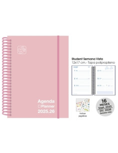 AGENDA ANUAL 2025-26 SENFORT 16 MESES STUDENT UNICOLOR ESPIRAL tapa PP con GOMA 120x170 SV PASTEL ROSA
