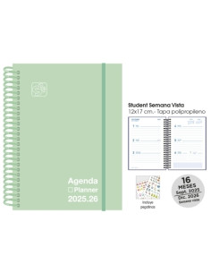 AGENDA ANUAL 2025-26 SENFORT 16 MESES STUDENT UNICOLOR ESPIRAL tapa PP con GOMA 120x170 SV PASTEL VERDE