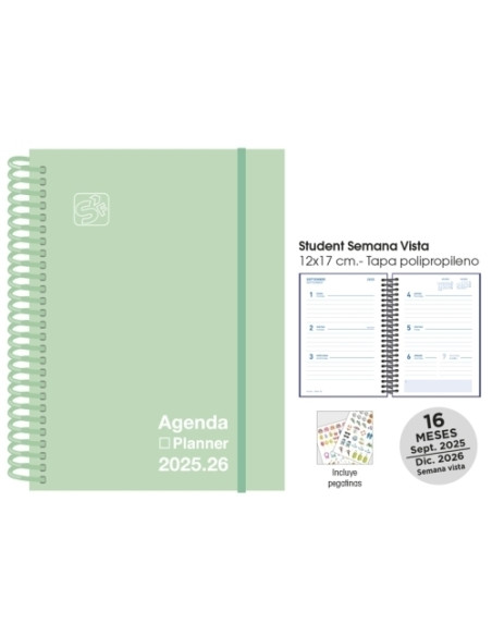 AGENDA ANUAL 2025-26 SENFORT 16 MESES STUDENT UNICOLOR ESPIRAL tapa PP con GOMA 120x170 SV PASTEL VERDE