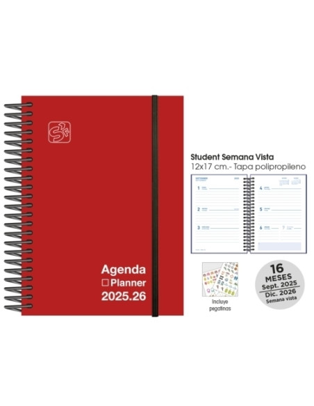 AGENDA ANUAL 2025-26 SENFORT 16 MESES STUDENT UNICOLOR ESPIRAL tapa PP con GOMA 120x170 SV ROJO