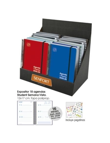AGENDA ANUAL 2025-26 SENFORT 16 MESES STUDENT UNICOLOR ESPIRAL tapa PP con GOMA 120x170 SV SURTIDO EXPOSITOR DE 18