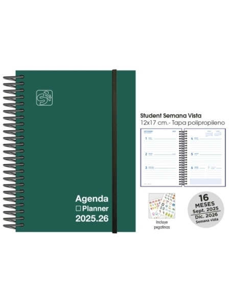 AGENDA ANUAL 2025-26 SENFORT 16 MESES STUDENT UNICOLOR ESPIRAL tapa PP con GOMA 120x170 SV VERDE