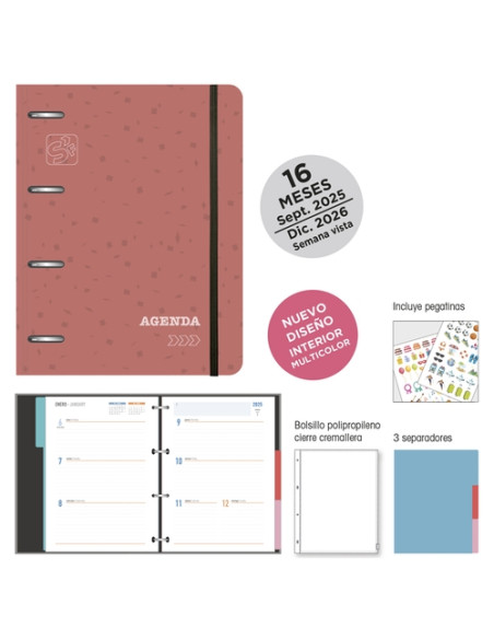AGENDA ANUAL 2025-26 SENFORT CATALAN 16 MESES IKI ANILLAS tapa EXTRA con GOMA 180x220 SV SEOUL SIENA