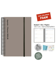 AGENDA ANUAL 2025-26 SENFORT CATALAN 16 MESES IKI FOAM ESPIRAL tapa PP con GOMA 155x215 SV GRIS