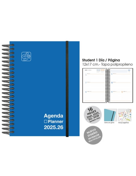 AGENDA ANUAL 2025-26 SENFORT CATALAN 16 MESES IKI UNICOLOR ESPIRAL tapa PP con GOMA 155x215 SV AZUL