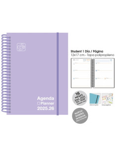 AGENDA ANUAL 2025-26 SENFORT CATALAN 16 MESES IKI UNICOLOR ESPIRAL tapa PP con GOMA 155x215 SV PASTEL LILA