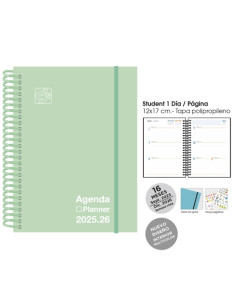 AGENDA ANUAL 2025-26 SENFORT CATALAN 16 MESES IKI UNICOLOR ESPIRAL tapa PP con GOMA 155x215 SV PASTEL VERDE