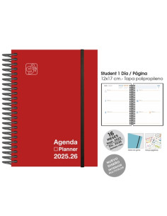 AGENDA ANUAL 2025-26 SENFORT CATALAN 16 MESES IKI UNICOLOR ESPIRAL tapa PP con GOMA 155x215 SV ROJO