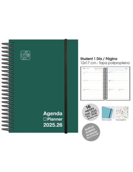 AGENDA ANUAL 2025-26 SENFORT CATALAN 16 MESES IKI UNICOLOR ESPIRAL tapa PP con GOMA 155x215 SV VERDE