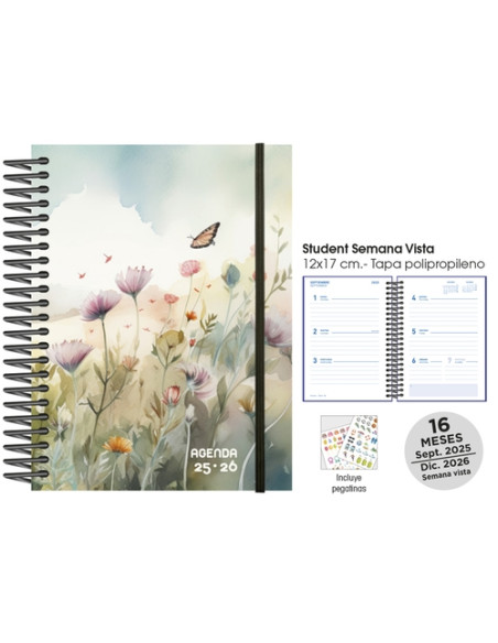 AGENDA ANUAL 2025-26 SENFORT CATALAN 16 MESES STUDENT DECORADA ESPIRAL tapa PP con GOMA 120x170 SV ACUARELA