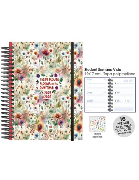 AGENDA ANUAL 2025-26 SENFORT CATALAN 16 MESES STUDENT DECORADA ESPIRAL tapa PP con GOMA 120x170 SV BLOSSOM