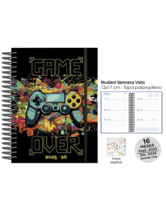 AGENDA ANUAL 2025-26 SENFORT CATALAN 16 MESES STUDENT DECORADA ESPIRAL tapa PP con GOMA 120x170 SV GAME OVER
