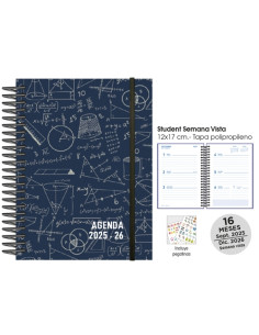 AGENDA ANUAL 2025-26 SENFORT CATALAN 16 MESES STUDENT DECORADA ESPIRAL tapa PP con GOMA 120x170 SV MATHS AZUL