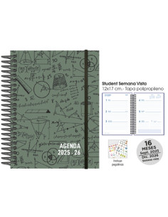 AGENDA ANUAL 2025-26 SENFORT CATALAN 16 MESES STUDENT DECORADA ESPIRAL tapa PP con GOMA 120x170 SV MATHS VERDE