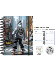 AGENDA ANUAL 2025-26 SENFORT CATALAN 16 MESES STUDENT DECORADA ESPIRAL tapa PP con GOMA 120x170 SV SKATEBOARD CITY