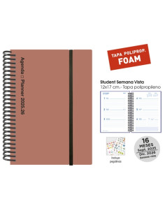 AGENDA ANUAL 2025-26 SENFORT CATALAN 16 MESES STUDENT FOAM ESPIRAL tapa PP con GOMA 120x170 SV TERRACOTA