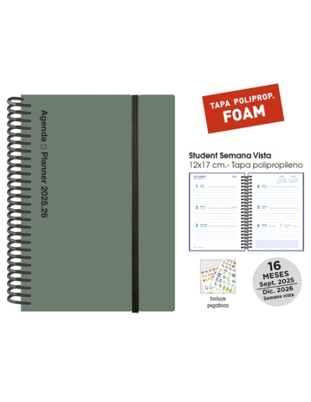 AGENDA ANUAL 2025-26 SENFORT CATALAN 16 MESES STUDENT FOAM ESPIRAL tapa PP con GOMA 120x170 SV VERDE