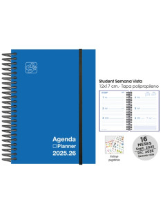 AGENDA ANUAL 2025-26 SENFORT CATALAN 16 MESES STUDENT UNICOLOR ESPIRAL tapa PP con GOMA 120x170 SV AZUL