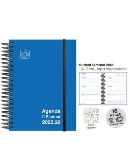 AGENDA ANUAL 2025-26 SENFORT CATALAN 16 MESES STUDENT UNICOLOR ESPIRAL tapa PP con GOMA 120x170 SV AZUL