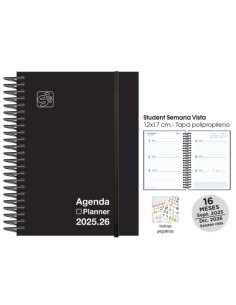 AGENDA ANUAL 2025-26 SENFORT CATALAN 16 MESES STUDENT UNICOLOR ESPIRAL tapa PP con GOMA 120x170 SV NEGRO