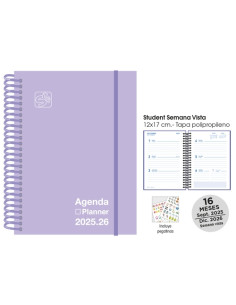 AGENDA ANUAL 2025-26 SENFORT CATALAN 16 MESES STUDENT UNICOLOR ESPIRAL tapa PP con GOMA 120x170 SV PASTEL LILA