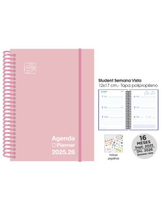 AGENDA ANUAL 2025-26 SENFORT CATALAN 16 MESES STUDENT UNICOLOR ESPIRAL tapa PP con GOMA 120x170 SV PASTEL ROSA