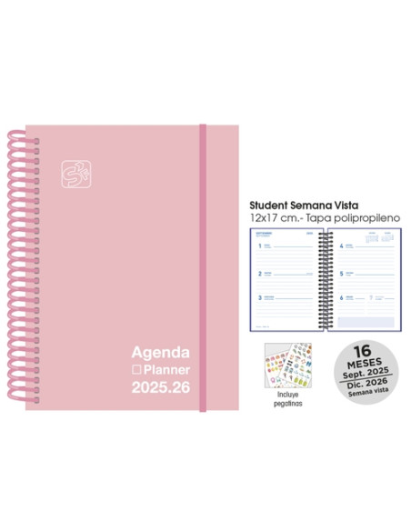 AGENDA ANUAL 2025-26 SENFORT CATALAN 16 MESES STUDENT UNICOLOR ESPIRAL tapa PP con GOMA 120x170 SV PASTEL ROSA
