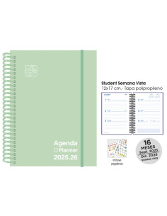 AGENDA ANUAL 2025-26 SENFORT CATALAN 16 MESES STUDENT UNICOLOR ESPIRAL tapa PP con GOMA 120x170 SV PASTEL VERDE