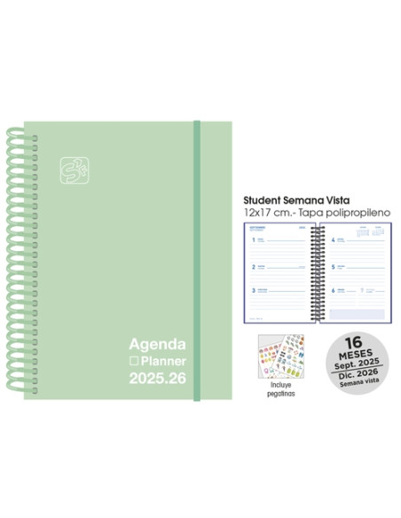 AGENDA ANUAL 2025-26 SENFORT CATALAN 16 MESES STUDENT UNICOLOR ESPIRAL tapa PP con GOMA 120x170 SV PASTEL VERDE