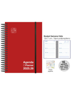 AGENDA ANUAL 2025-26 SENFORT CATALAN 16 MESES STUDENT UNICOLOR ESPIRAL tapa PP con GOMA 120x170 SV ROJO