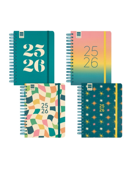 AGENDA ESCOLAR 2025-26 FINOCAM COSMO WIRE-O tapa EXTRA DP 4 155x212 con GOMA SURTIDO PACK de 4