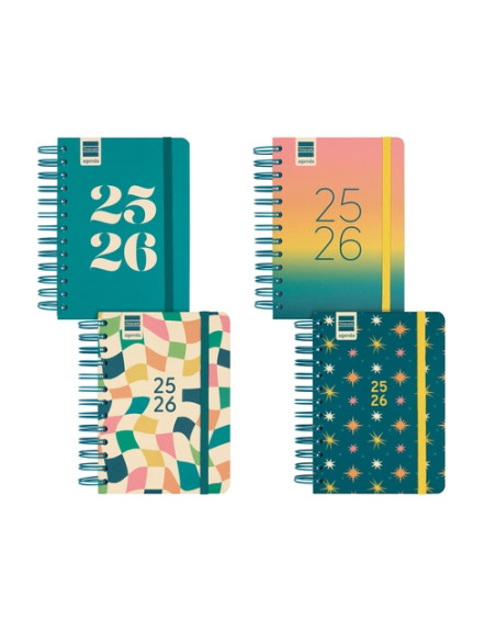 AGENDA ESCOLAR 2025-26 FINOCAM COSMO WIRE-O tapa EXTRA DP 8 120x169 con GOMA SURTIDO PACK de 4