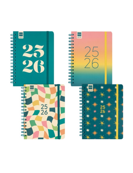 AGENDA ESCOLAR 2025-26 FINOCAM COSMO WIRE-O tapa EXTRA SV APAIS 4 155x212 con GOMA SURTIDO PACK de 4