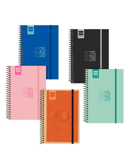 AGENDA ESCOLAR 2025-26 FINOCAM ESPIR ESPIRAL tapa PP SV APAIS E8 120x171 con GOMA SURTIDO PACK DE 9