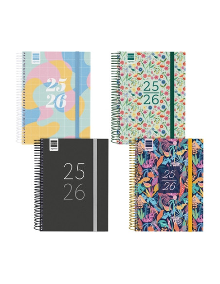 AGENDA ESCOLAR 2025-26 FINOCAM SECUNDARIA ESPIRAL tapa PP DP 4 155x212 con GOMA SURTIDO PACK de 8