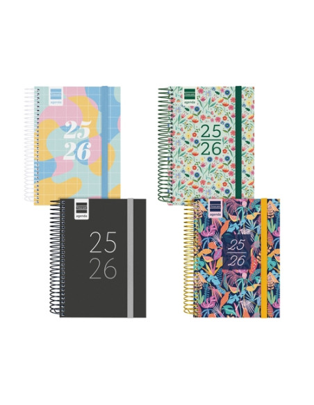AGENDA ESCOLAR 2025-26 FINOCAM SECUNDARIA ESPIRAL tapa PP DP 8 120x164 con GOMA SURTIDO PACK de 8