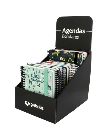 AGENDA ESCOLAR 2025-26 GRAFOPLAS DISEÑO ESPIRAL tapa EXTRA con GOMA A6 DP SURTIDO EXPOSITOR DE 12