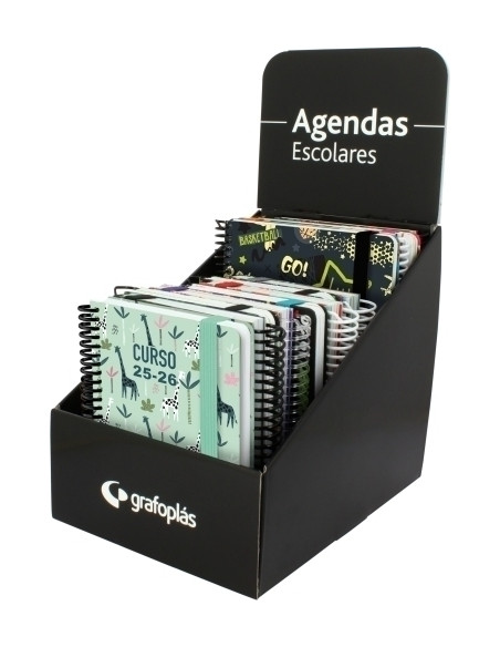 AGENDA ESCOLAR 2025-26 GRAFOPLAS tapa PP A5A6 SURTIDO EXPOSITOR DE 12 6x A5 2DP 6x A6 DP