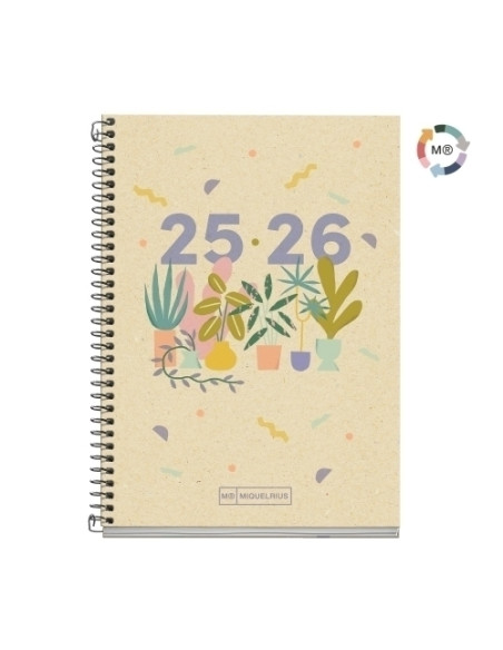 AGENDA ESCOLAR 2025-26 MIQUELRIUS RECYCLED ESPIRAL tapa EXTRA ACTIVA 8 117x174 DP PLANTS