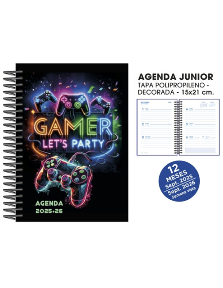 AGENDA ESCOLAR 2025-26 SENFORT CATALAN JUNIOR DECORADA ESPIRAL tapa PVC 150x210 SV GAMER PARTY