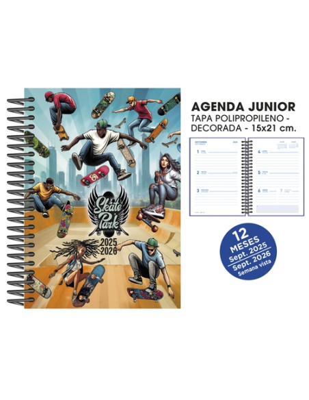 AGENDA ESCOLAR 2025-26 SENFORT CATALAN JUNIOR DECORADA ESPIRAL tapa PVC 150x210 SV SKATE PARK