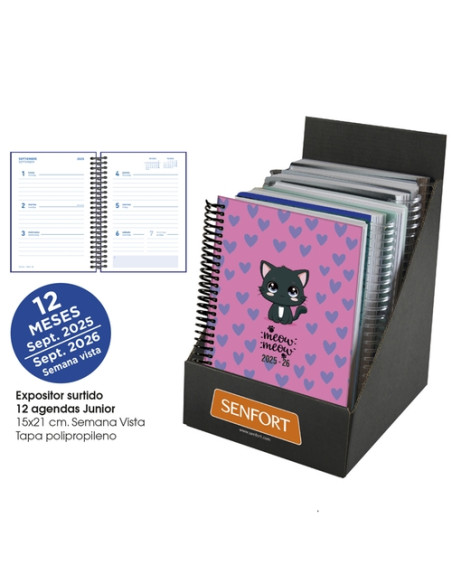 AGENDA ESCOLAR 2025-26 SENFORT CATALAN JUNIOR ESPIRAL tapa PVC 150x210 SV SURTIDO EXPOSITOR DE 12
