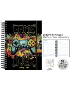 AGENDA ESCOLAR 2025-26 SENFORT CATALAN STUDENT DECORADA ESPIRAL tapa PP con GOMA 120x170 DP GAME OVER